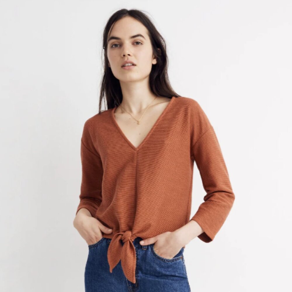 Madewell Texture & Thread Long-Sleeve Tie-Front Top Women's S Orange 3/4 sleeve